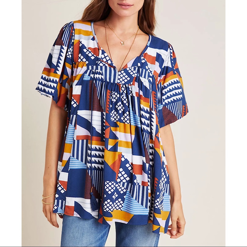 Anthropologie Sz M Printed Tasseled Tunic by Porridge EUC
